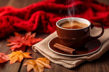 Obraz premium Autumn, fall leaves, hot cup of coffee and warm scarf on wooden table background. AI generative