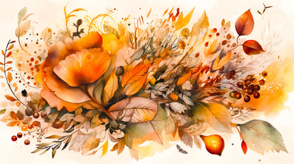 Obraz na płótnie Canvas Thanksgiving watercolor card with autumn leaves, AI generated