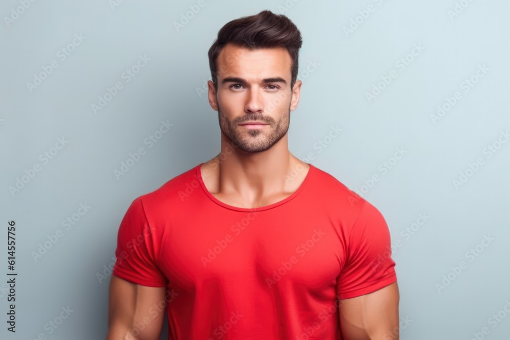 Wall mural portrait of a muscular handsome guy wearing a plain red t-shirt, isolated on a pastel background. ge