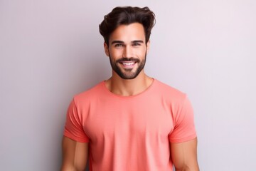 Portrait of a muscular handsome guy wearing a plain salmon pink t-shirt, isolated on a pastel lavender background. Generative AI illustration.