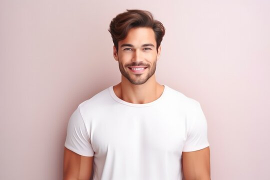 Portrait of a muscular handsome guy wearing a plain t-shirt, isolated on a pastel background. Generative AI illustration.