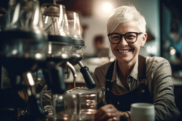 Smiling woman making coffee in coffee maker. Portrait of a happy and smiling waitress, or small business owner in the coffee shop. 