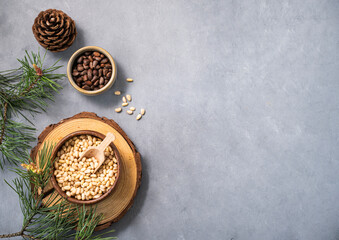 Pine nuts in a bowl and wooden scoop on a blue texture background with branches of pine needles and a cone. The concept of a natural, organic and healthy superfood and snack.