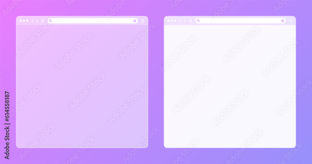 Poster blank transparent web browser window with toolbar and search field on colorful background. modern we