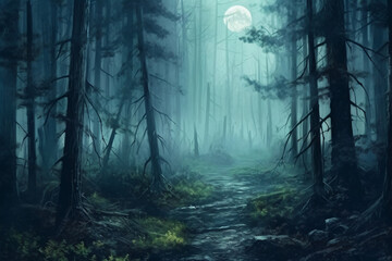 Fog in the forest with moonlight. AI generative