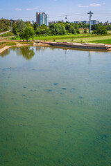 Pond in Mannheim city with ropeway connecting parks during federal horticulture and garden shows...
