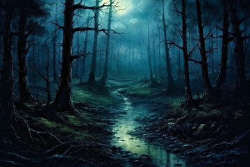 Fototapeta premium Fog in the forest with moonlight. AI generative