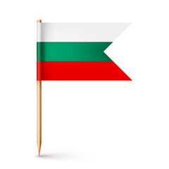 Bulgarian toothpick flag. Souvenir from Bulgaria. Wooden toothpick with paper flag. Location mark, map pointer. Blank mockup for advertising and promotions. Vector illustration