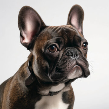 Cute French Bulldog dog sitting, 3/4 view, looking serious into the camera , pet  portrait, studio shot, portrait of a pet, dark brown small dog, Portrait image, matte photo