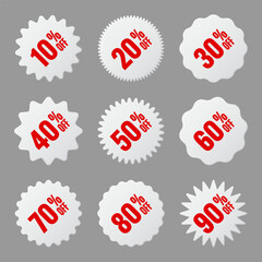 Price tags collection, special offer or shopping discount label with percent, discount percentage value. White turned retail paper sticker. Promotional sale badge. Vector illustration
