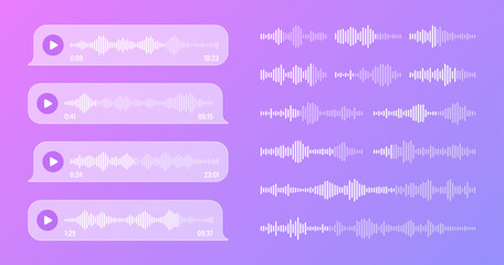 Voice, audio message, transparent speech bubbles. SMS text frame. Social media chat or messaging app conversation. Voice assistant, recorder. Sound wave pattern. Vector illustration