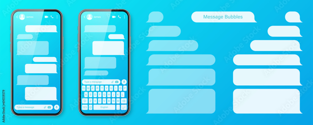 Wall mural realistic smartphone with messaging app on colorful blue background. blank sms text frame. chat scre