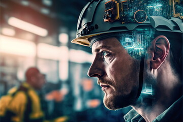 Electrical engineering concept design. electrician or engineer wear hardhat with double exposure effect on his head feature with wondrous electric circuit or wire pattern texture by Generative AI.