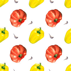 Watercolor seamless pattern with tomato, garlic and bell paper, paprika. Hand drawn vegetables isolated on white background. healthy plants for print, fabric, wrapping paper, banner.