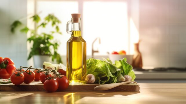 olive oil virgin bottle with green salad ingredients for healthy dish making in modern clean kitchen counter setup as wide banner with copy space area - Generative AI