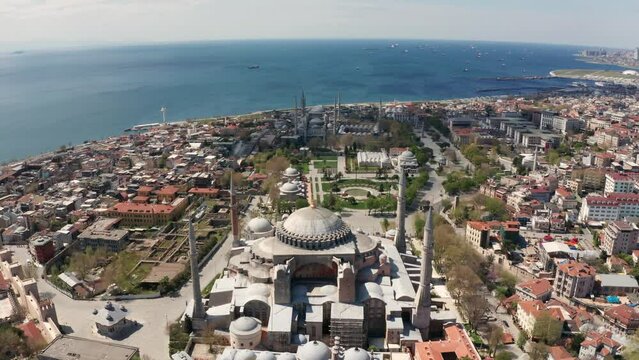 Ayasofya (Hagia Sophia) wide angle drone footage daytime, no people, no traffic, high altitude, oe01