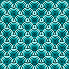 Colorful Chinese and Japanese seamless pattern. Traditional asian ornament, oriental New Year decoration. Modern blue background, geometric texture with waves. Vector illustration