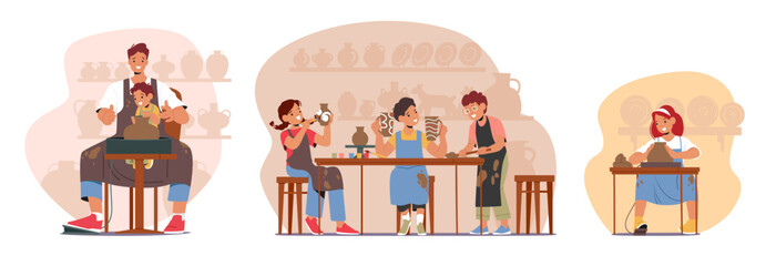 Children Characters Engaged In The Art Of Pottery-making, Exploring Their Creativity, Shaping Clay With Their Hands