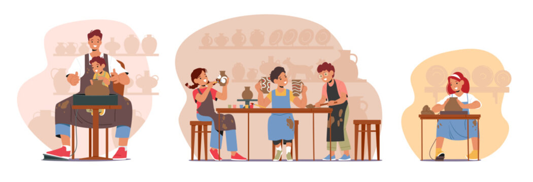 Children Characters Engaged In The Art Of Pottery-making, Exploring Their Creativity, Shaping Clay With Their Hands