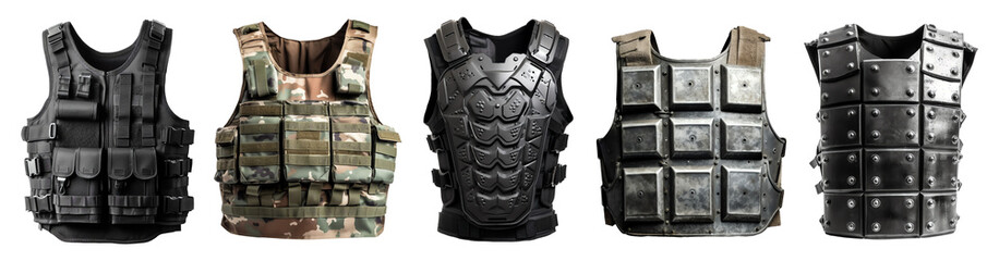 Variations of bulletproof vest body armor isolated on transparent background - Generative AI - obrazy, fototapety, plakaty