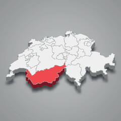 Valais cantone location within Switzerland 3d map