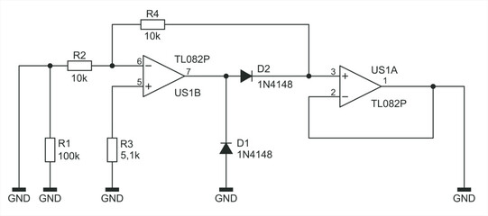 Schematic diagram of electronic device. 
Vector drawing electrical circuit with operational amplifier, 
resistor, capacitor, diode and other components.