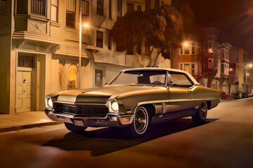 classic american car on an urban street at night - generative ai