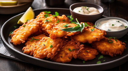 Golden sweet corn fritters with a dipping sauc