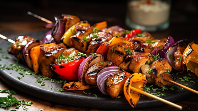 Grilled chicken skewers with colorful bell peppers