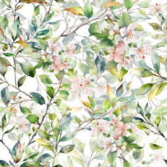 Romantic Elegance seamless flowers pattern with Watercolor cherry branch. Apple tree flowers. Vector illustration