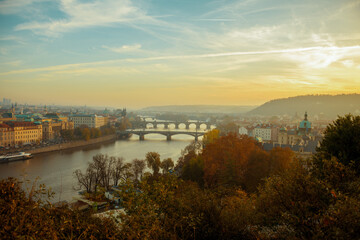 Fototapeta na wymiar landscape at sundown in autumn in Prague, Czech Republic