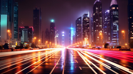Fototapeta na wymiar Futuristic Night Cityscape Vibrant Skyscrapers and Dynamic Energy
