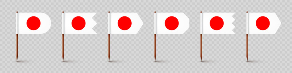 Realistic various Japanese toothpick flags. Souvenir from Japan. Wooden toothpicks with paper flag. Location mark, map pointer. Blank mockup for advertising and promotions. Vector illustration