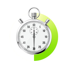 Realistic classic stopwatch. Shiny metal chronometer, time counter with dial. Green countdown timer showing minutes and seconds. Time measurement for sport, start and finish. Vector illustration