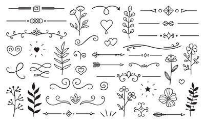 Text dividers doodle set. Boho arrows. Wedding decorative elements with leaves, swirls, hearts. Divider ornament, borders, lines, decor. Hand drawn vector illustration isolated on white background