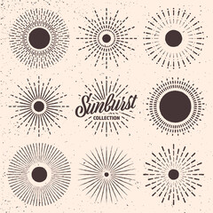 Vintage grunge sunburst, sunset beams. Hand drawn bursting sun, light rays. Logotype or lettering design element in retro style. Vector illustration