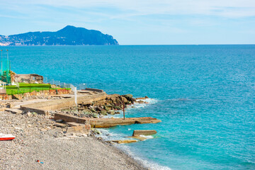 Fototapeta premium Blue sea and beach of Genoa, Liguria, Italy