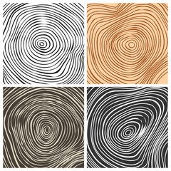 Tree trunk cut textures, pine or oak slice. Sawn timber, wood. Brown wooden texture with tree rings. Hand drawn sketch. Vector illustration