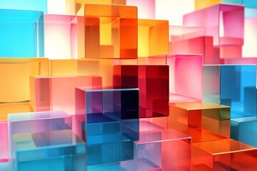 Abstract geometric background featuring translucent glass with a colorful gradient. Simple flat square shapes create a visually striking composition. Generative AI