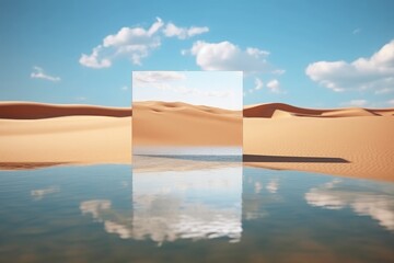 Abstract fantastic panoramic background: A desert landscape with sand, water, and a square mirror under the clear blue sky. Embracing a modern minimal aesthetic, Generative AI