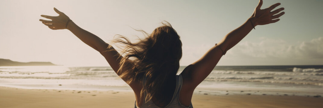 Woman cheering at the beach, Generative AI