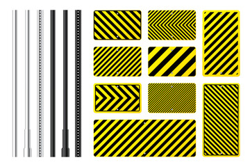 Warning, danger signs, attention banners with metal poles. Yellow caution sign, construction site signage. Notice signboard, warning banner, road shield. Vector illustration