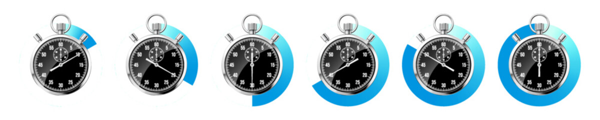 Realistic classic stopwatch. Shiny metal chronometer, black time counter with dial. Blue countdown timer showing minutes and seconds. Time measurement for sport, start and finish. Vector illustration