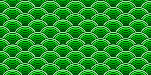 Colorful Chinese and Japanese seamless pattern. Traditional asian ornament, oriental New Year decoration. Modern green background, geometric texture with waves. Vector illustration