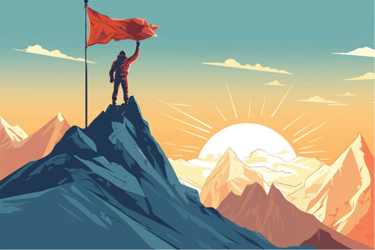 cartoon vector illustration of Peak Pioneers, Businesspeople conquer mountain, leader guides team to success