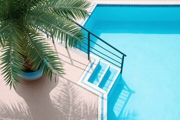 Aerial view of a swimming pool shaded by a palm tree.