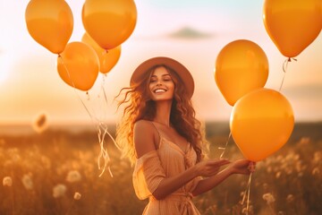 A young woman happily walks across the field among orange balloons.