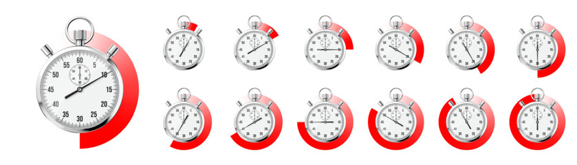 Realistic classic stopwatch. Shiny metal chronometer, time counter with dial. Red countdown timer showing minutes and seconds. Time measurement for sport, start and finish. Vector illustration