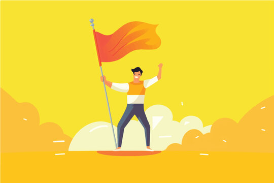 cartoon vector illustration of Goal-Getter, Smiling man on graph triumphs with yellow flag in hand