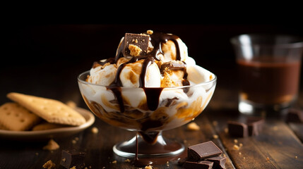 Smores ice cream sundae with chocolate sauce